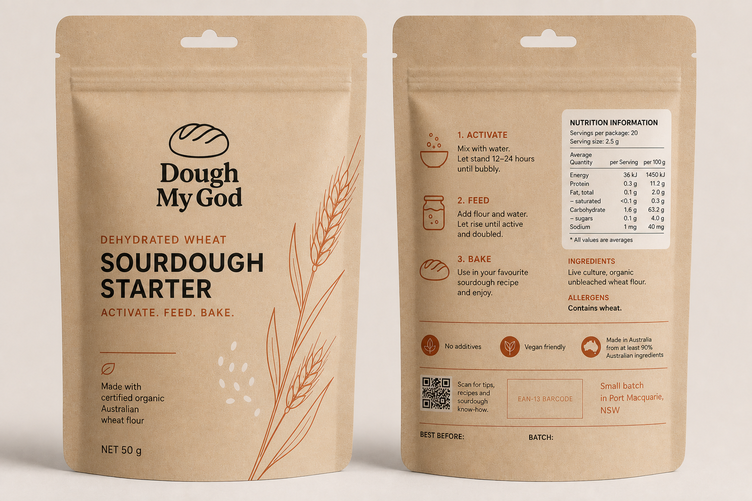 Front and back concept packaging for a 50 gram Dough My God dehydrated wheat sourdough starter